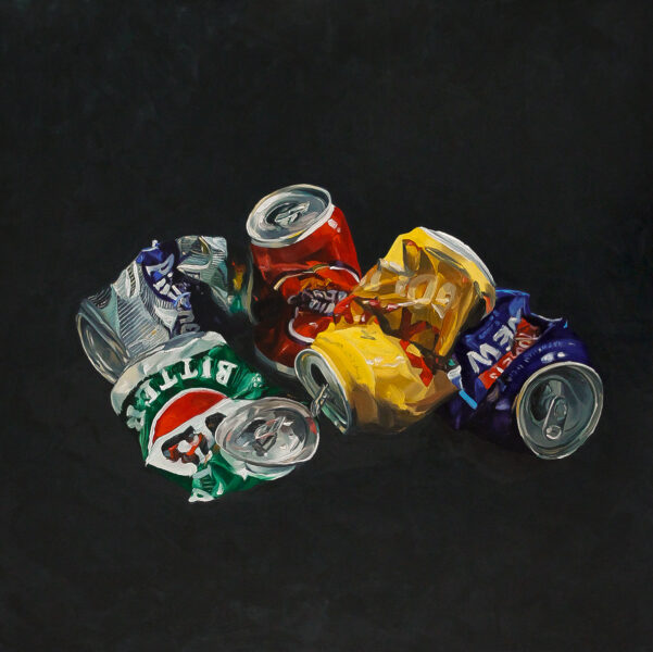Oil on canvas painting of crushed beer cans.