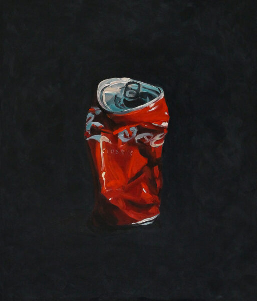 Oil on canvas painting of a crushed can of Coke.