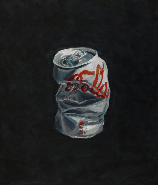 Oil on canvas painting of a crushed can of Diet Coke