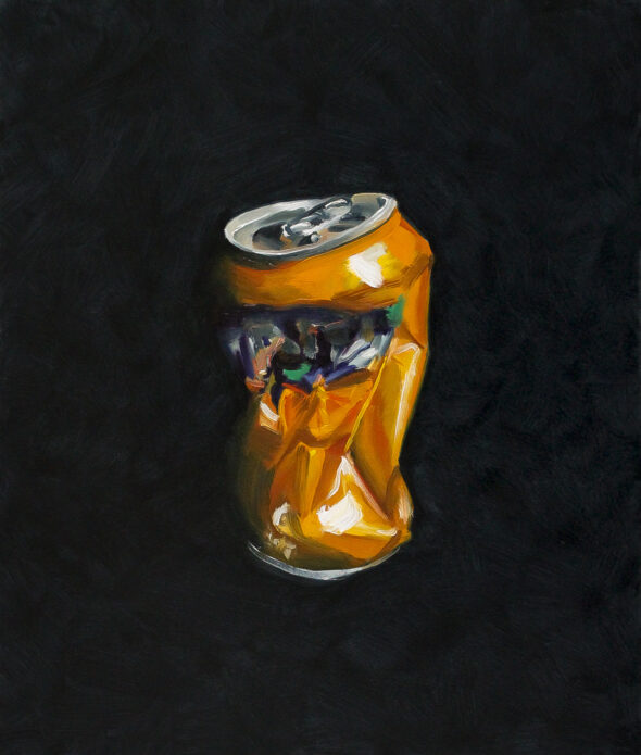 Oil on canvas painting of a crushed can of Fanta.