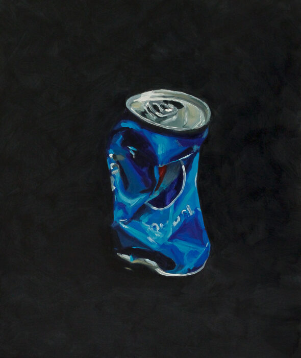 Oil on canvas painting of a crushed can of Pepsi.