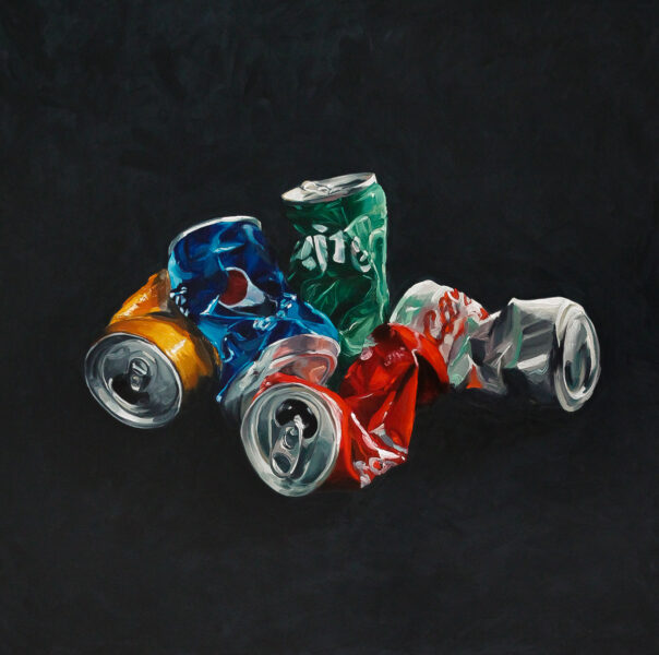 Oil on canvas painting of crushed soft drink cans.
