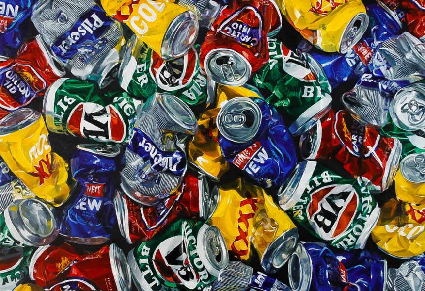 Oil on canvas painting of crushed beer cans
