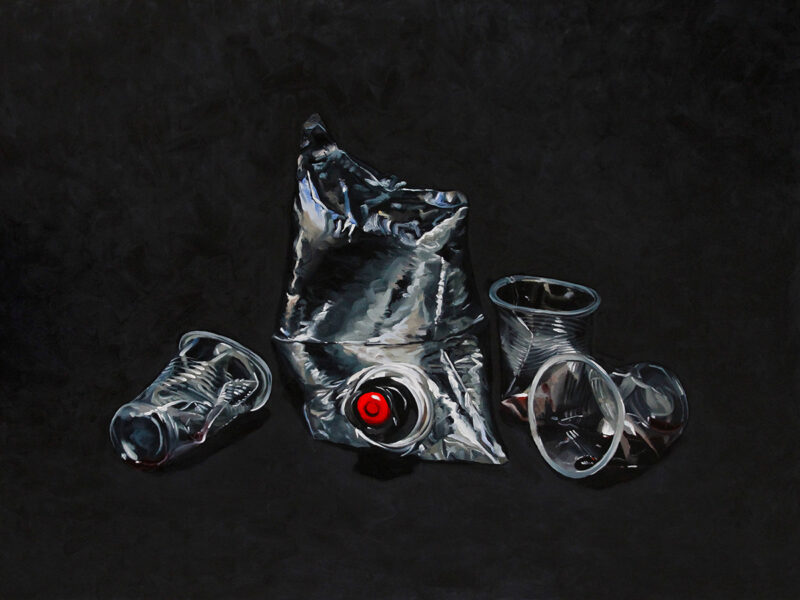 Oil on canvas painting of wine goon bag with crushed plastic cups