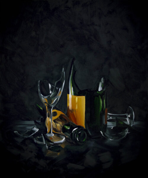 Oil painting of broken champagne bottle and glasses