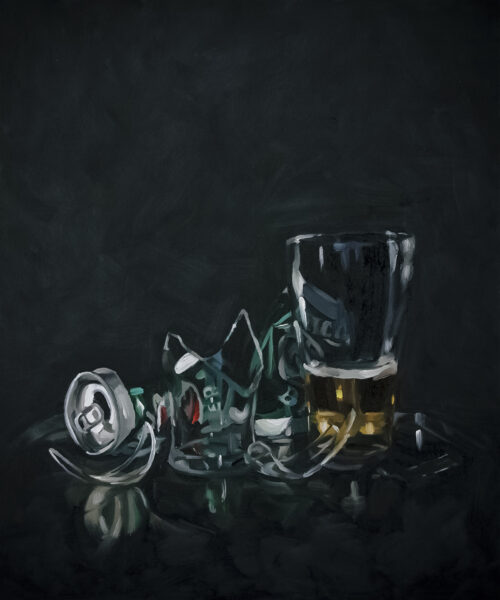 Oil painting of crushed beer cans and broken glasses