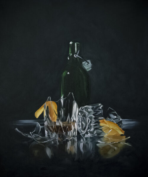Oil painting of broken crystal tumblers and green glass bottle