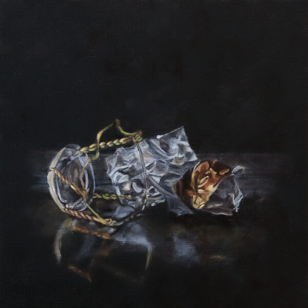 Oil painting of a champagne muselet and foil