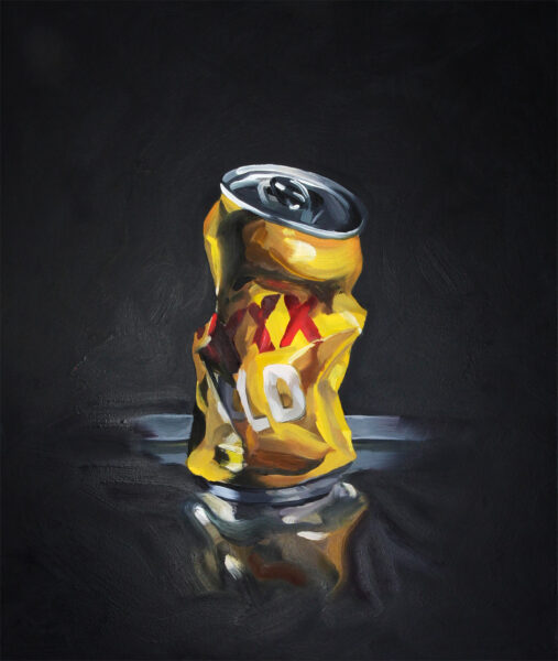 Oil painting of a crushed XXXX Gold can