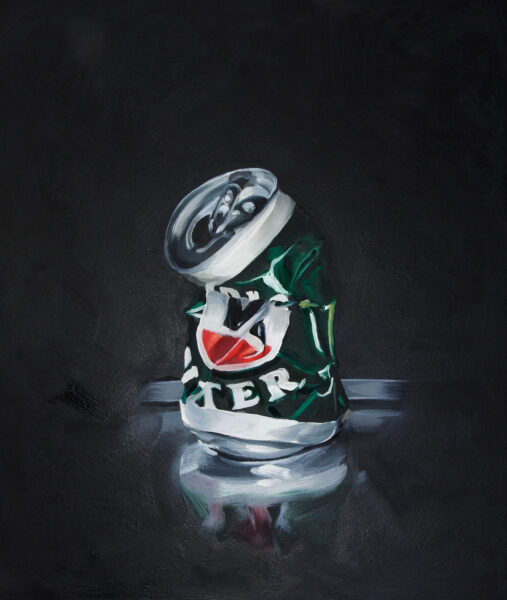 Oil painting of a crushed VB can