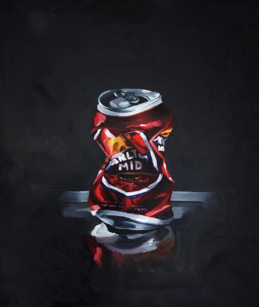 Oil painting of a crushed Carlton Draught Mid can