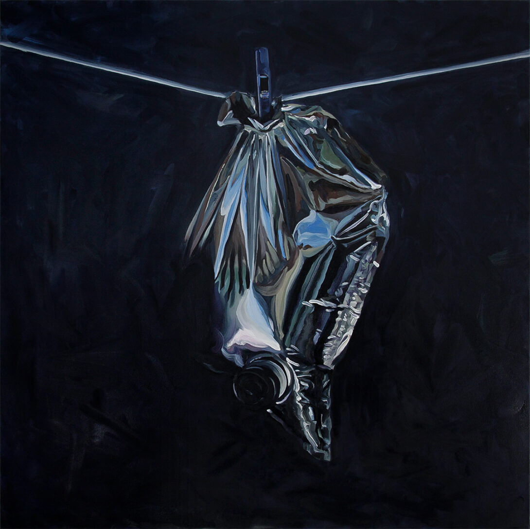 Oil painting of a wine goon bag pegged to a clothesline