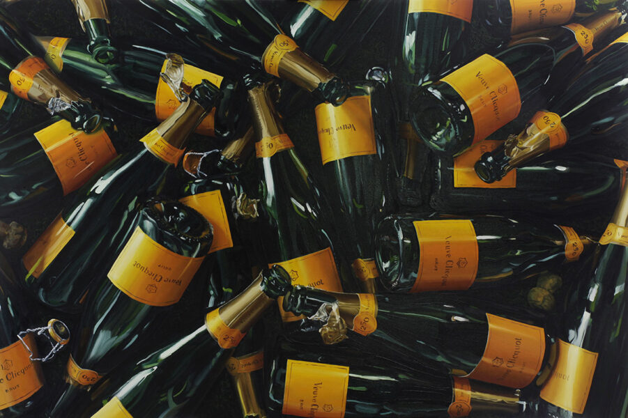 Oil painting of empty Veuve Clicquot champagne bottles