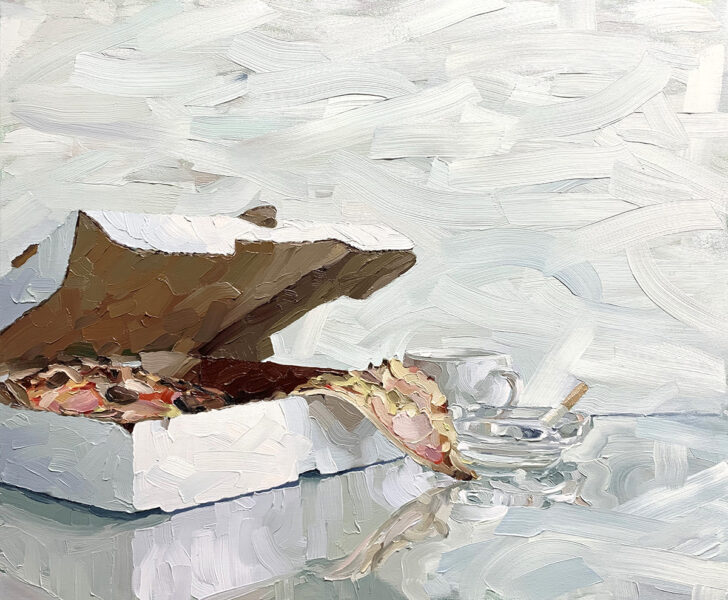 Oil painting of a pizza slice, box, coffee cup and cigarette