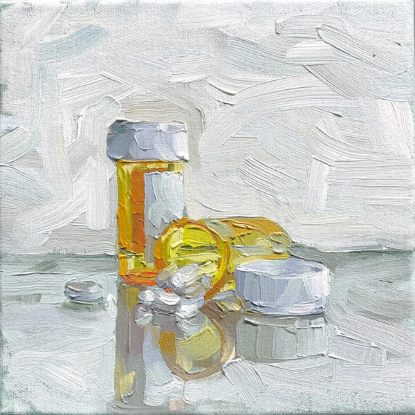 Oil painting of two orange plastic pill containers