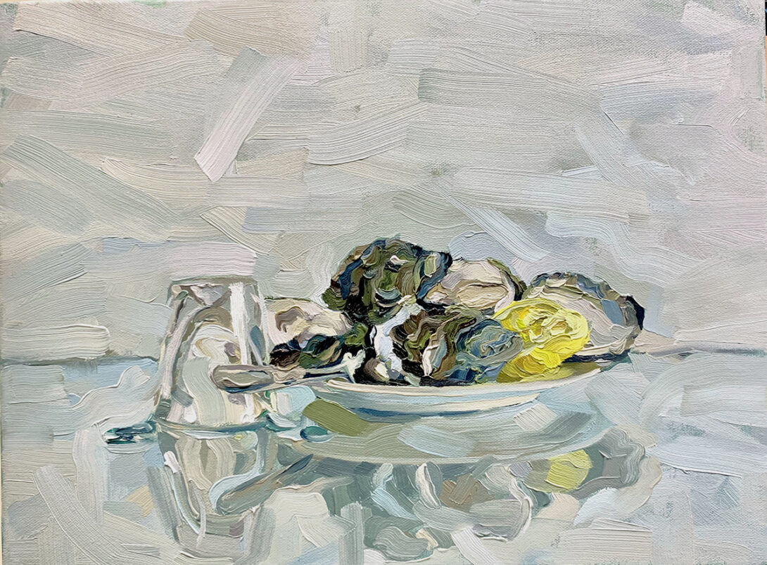 Oil painting of oyster shells, fork, lemon and shot glass