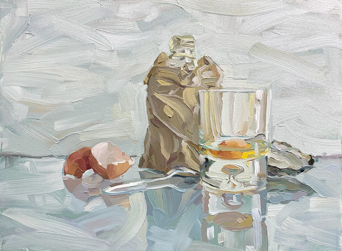 Oil painting of a bottle in a paper bag, glass, teaspoon, egg and oyster shell