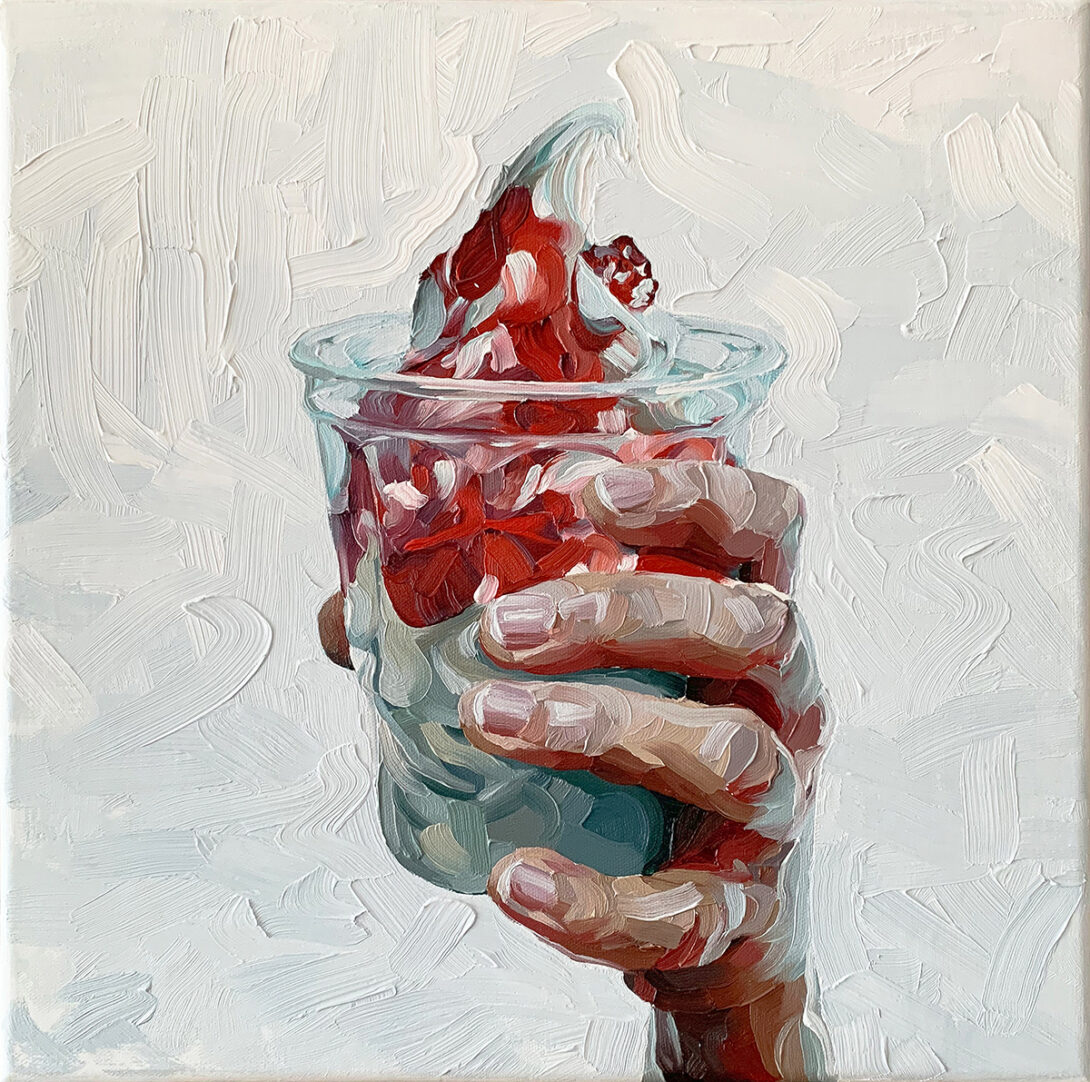 Oil painting of a hand holding a strawberry sundae
