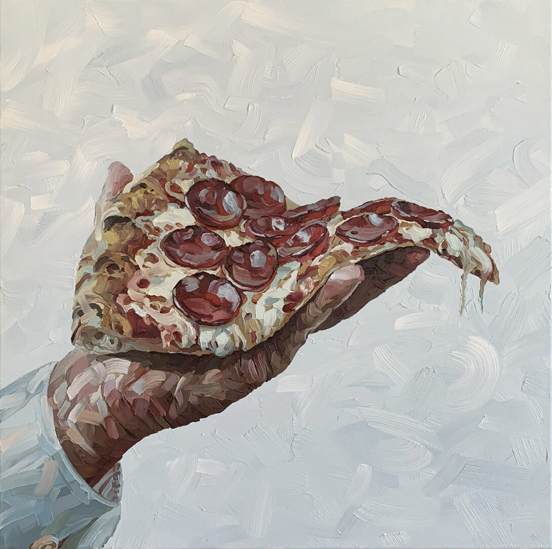 Oil painting of a hand holding a slice of pepperoni pizza