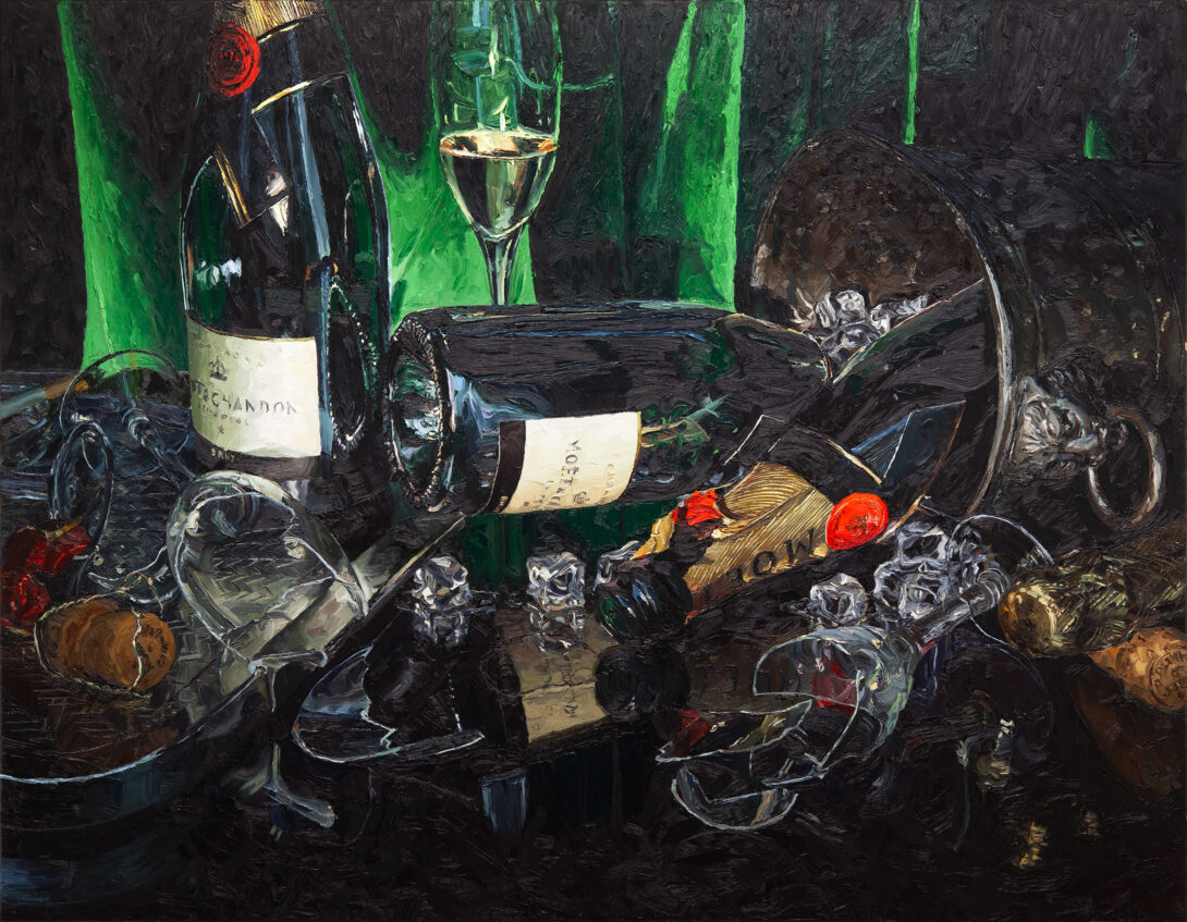 Oil painting of four Moet champagne bottles, broekn champagne glasses, corks, ice bucket and ice cubes